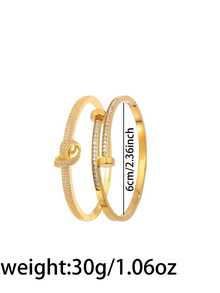 2 piezas - Juego de pulsera de cobre chapado en oro y pulsera de acero inoxidable, completamente incrustado con piedras de circonita. El diseño anudado y apilado de circonita es perfecto para que las mujeres lo usen todos los días, agregando un toque de sofisticación. - Oro 5 - Ver 3