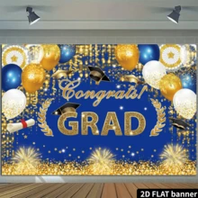 2D Flat Graduation Party Backdrop, Navy Blue With Gold Glitter, Text "Congratulations Graduates", Graduation Cap, Diploma, Glitter, Party Decor, Photo Backdrop, Polyester, No Power Required - Blue - View 5