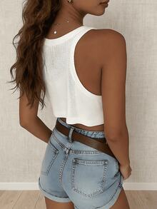 Women's Minimalist Solid Color Cropped Knit Tank Top - 白色 - 查看 3