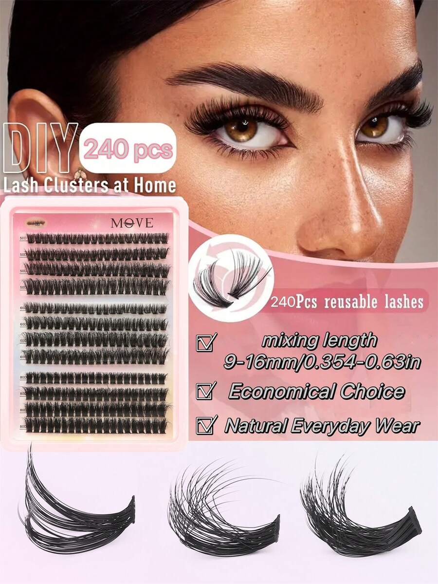 240pcs Faux Mink Eyelash Extensions, DIY, 0.07mm Thick, D Curl, Fluffy Dramatic Look, Mixed Length 9-16mm, Reusable Volume Lashes Set - D - View 1