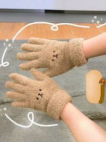 1双 时尚冬季毛绒五指手套，女士保暖防寒手套，户外骑行刺绣可爱户外骑行手套/连指手套