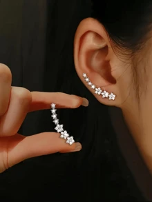 Rose Gold Rhinestone Flower Ear Climber | Crawler Earrings For Women - Silver - View 1