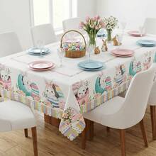 Dining Tablecloth For 4, 6, Or 8 People, Easter Decoration, Exclusive Print, Excellent Drape, Ultrasonic Finish - 快樂兔子 - 查看 5