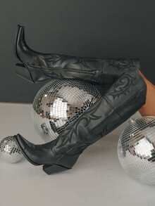 Fashion Cowgirl Outfits For Women Boots Knee High Pointed Toe Chunky Heel Combat Boots For Women Retro Luxury Embroidery Country Concert Jaripeo Festival Shoes - 黑色 - 查看 4