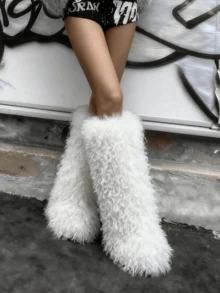 Women's Snow Boots Women's Furry Fur Boots Mid Calf Boots Fuzzy Fluffy Slip On Suede Warm Fur Lined Booties Christmas Halloween Fashion Comfortable Outfit Boots - 米色 - 查看 2