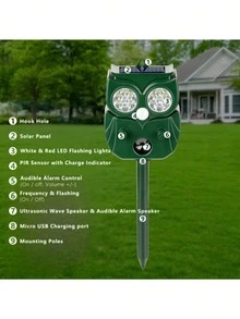 1件装户外太阳能驱虫器，超声波驱虫器，带运动传感器，远距离，太阳能/USB双充电。有效驱除啮齿动物、臭鼬、狐狸、兔子、猫头鹰、浣熊等害虫。当动物靠近时，会发出强大的超声波和灯光，将它们驱离您的院子或花园。 - 綠色 - 查看 3