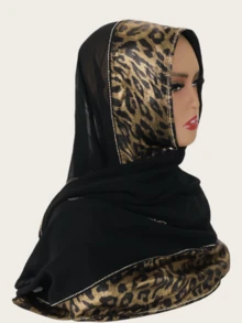 1件装女士时尚优雅穆斯林头巾，拼接印花设计，镶嵌水钻，中东风格长款围巾 - 豹紋拼接水鑽長巾 - 查看 4