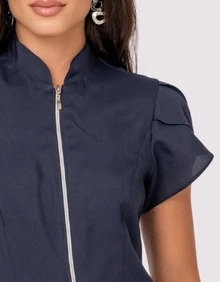Women's Fitted Zipper  Beautician Tulip Lab Coat - Navy Blue - View 2