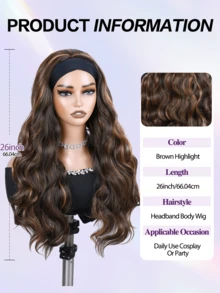 长款波浪卷发箍假发，棕色挑染金色，无胶机织发箍假发，耐热合成纤维，适合、白人女性日常佩戴或参加派对。 - 挑染棕色 - 查看 3