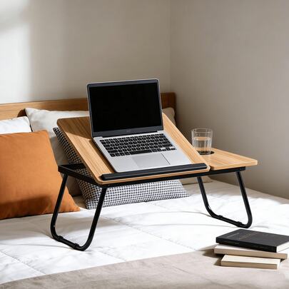 NetHong Foldable Bedside Laptop Tray Table, Lap Table With Cup Holder | Portable Bed Tray Table, Suitable For Working, Reading, Eating And Studying, Ergonomic Non-Slip Laptop Stand.