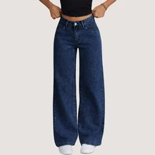 Women's Wide Leg Jeans, Graphite Gray, Simple, Casual, Cute, Elegant, Sensual, Boho, Jeans, Pockets, Button, Zipper, All Seasons - 深藍色 - 查看 8