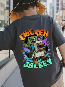 Young Boy "Chicken Jockey" Print T-Shirt, Fashionable Boys' Summer Short Sleeve Tee, Suitable For Daily Wear, School, And Street Style - Dark Grey - View 1