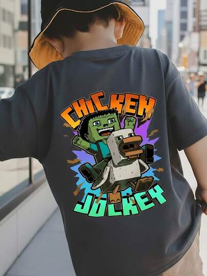 Young Boy "Chicken Jockey" Print T-Shirt, Fashionable Boys' Summer Short Sleeve Tee, Suitable For Daily Wear, School, And Street Style