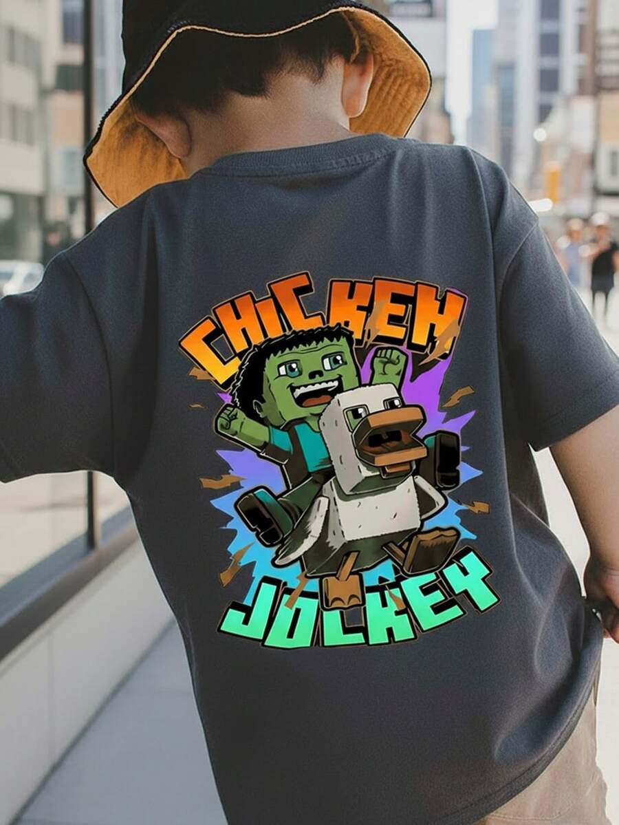 Young Boy "Chicken Jockey" Print T-Shirt, Fashionable Boys' Summer Short Sleeve Tee, Suitable For Daily Wear, School, And Street Style - Dark Grey - View 1