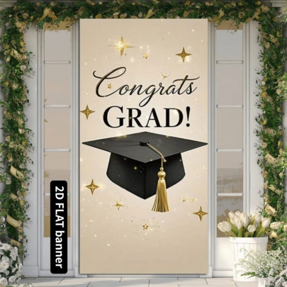 1 Piece 2D Flat, Black And Gold Graduation Door Cover Flag Curtain Decoration. 2026 Graduation Celebration Flag With Graduation Caps And Balloons Pattern, 90x180cm. Durable Polyester Material.