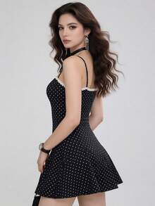 Women Dot Print Mini Dress Slim Ric Rac Square Neck Spaghetti Strap Short A-Line Dresses For Daily Party Club - Black - View 6