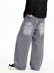 1 pieza Jeans holgados de hombre con lavado vintage (Cinturón y accesorios no incluidos) - Gris - Ver 2