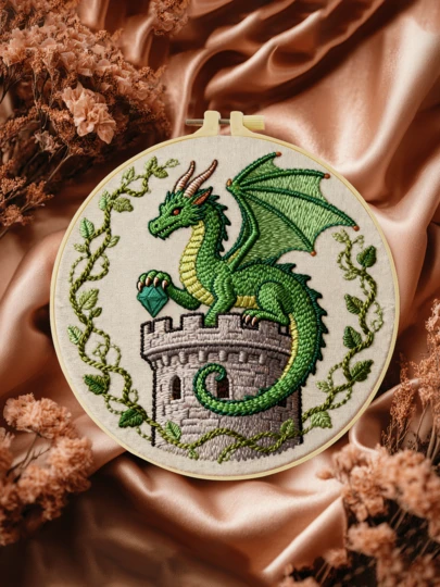 15x15厘米/20x20厘米（7.9x7.9英寸）刺绣套装，绿龙守护城堡图案，手工DIY刺绣套装，适合成人和初学者，包含绣布、说明书、绣绷和绣线，是馈赠亲友、家居装饰和办公工艺品的理想之选。