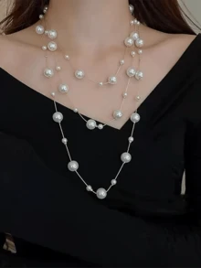 1条时尚长款仿珍珠项链，简约优雅毛衣链，适合秋冬季佩戴 - 珍珠 - 查看 2