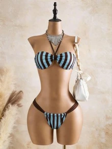 女士性感黑蓝条纹印花吊带比基尼两件套，波西米亚风优雅度假无肩带系带泳衣，适合情人节和约会 - 彩色 - 查看 3