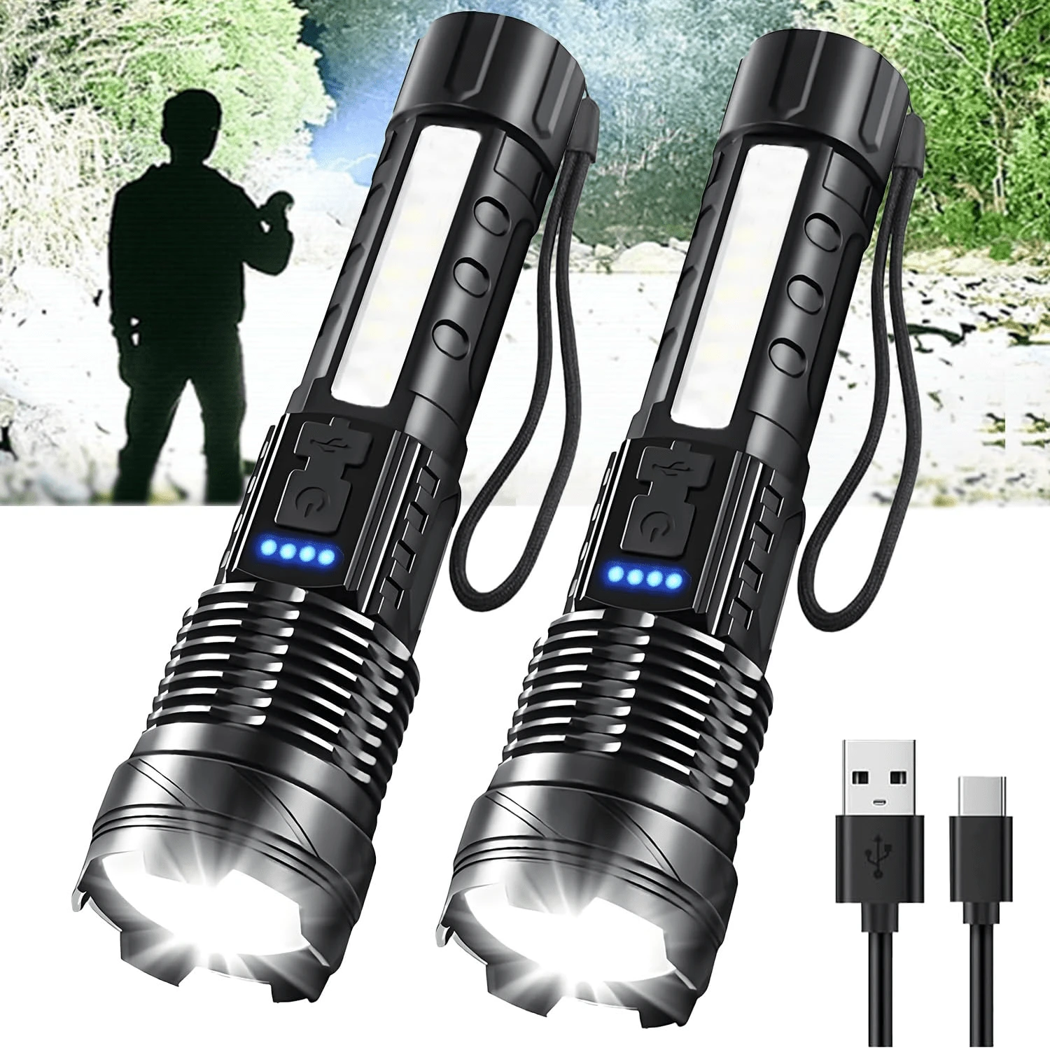 Flashlights High Lumens Rechargeable 980,000L, 2 Packs Super Bright LED Tactical Flashlight, Powerful Handheld Flash Light With 7 Modes, Zoomable, Side Light, Waterproof For Home Emergency, Camping - 黑色 - 查看 1