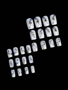 Sanrio 24pcs/Set Classic Jade White Matte Texture Navy Blue Tree Leaf & Gold Foil & Wheat Ear & Branch Pattern Simple Ins Style Square False Nails With 1pc Jelly Glue & 1pc Nail File Press On Nails Nail Supplies - Multicolor - View 4