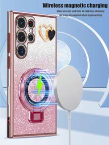 1 Set Heart-Shaped Diamond + New CD Pattern Foldable Holder + Electroplated Protective Phone Case, Suitable For Infinix Zero 30/Pop/Camon/Smart Series, 11/12/13/14/15 Pro Max, S22/23/24+, , OPPO, VIVO, Redmi 13C+, Moto G, Redmi Note 13C/12/11 Pro, Enjoy 20/30/40/50/60/70, HONOR 90/80/70/60/50, X9/X8/X7/X6/X5, Anti-Fall New Electroplating Craftsmanship - Pink - View 5