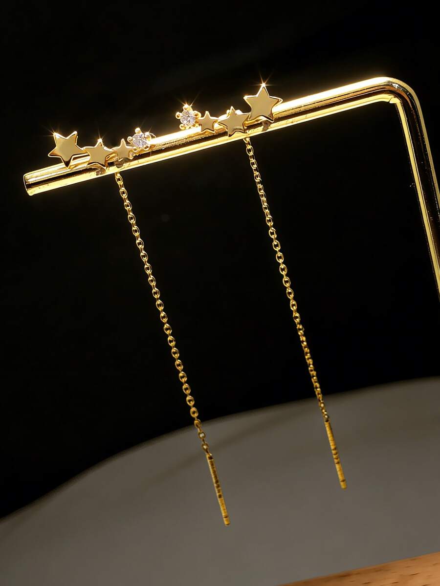 1 Pair S925 Sterling Silver Star Tassel Earrings, Inlaid Synthetic Zirconia, Elegant & Graceful For Women's Daily Wear, Quality Jewelry - Yellow Gold - View 1