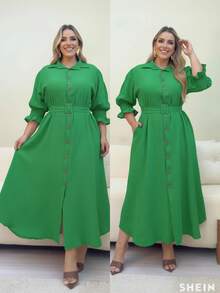 Women's Casual Plus Size Elegant Conservative/Modest Shirt Dress With Buttons Down The Front, For Holidays - 綠色 - 查看 5
