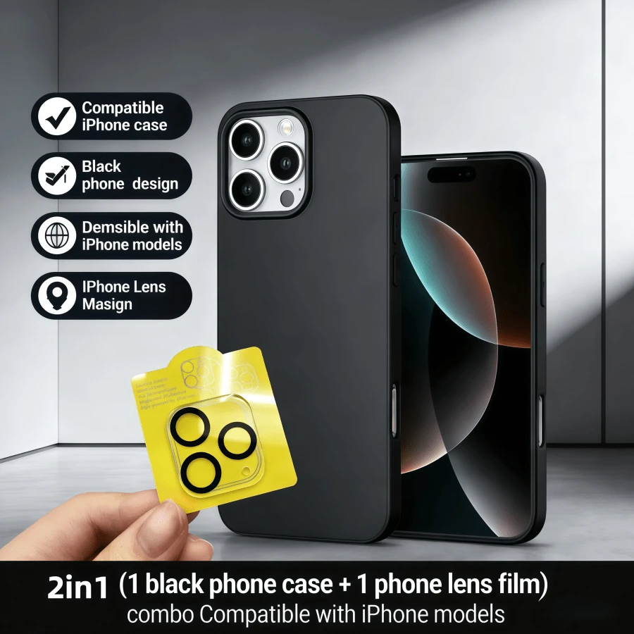 2 Pieces Set:One Black Large-Hole Case Compatible With Apple + One Silk-Printed Lens Film, Compatible With IPhone 17, 17 Pro, 17 Pro Max, 16, 16 Plus, 16 Pro, 16 Pro Max, 15, 15 Plus, 15 Pro, 15 Pro Max. Black Anti-Drop Case, Phone Case, Phone Protective Cover, Phone Shell, Phone (Phone Case), Anti-Drop Phone Case - Black - View 1