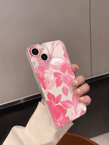 1pc French Retro Oil Painting Texture Thick Brush Stroke Pink Abstract Floral & Layered Leaf Illustration Transparent Soft Silicone Shockproof Anti-Yellowing Slim Phone Case Compatible With Apple Phones - Multicolor - View 3