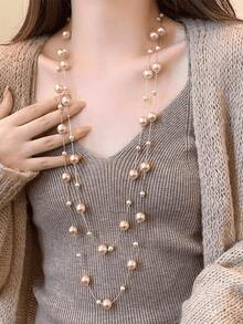 1条时尚长款仿珍珠项链，简约优雅毛衣链，适合秋冬季佩戴 - 珍珠 - 查看 4