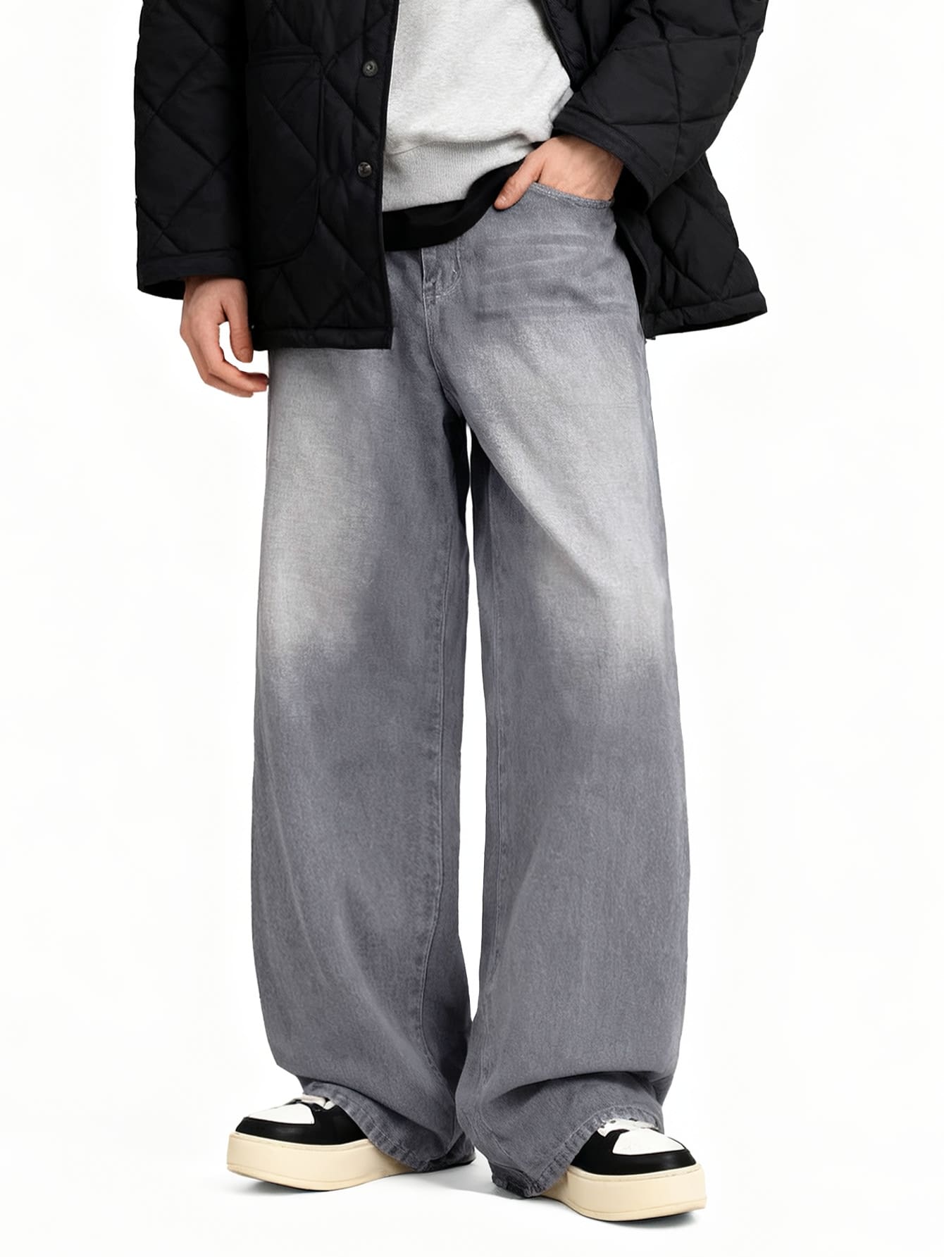 1 pieza Jeans holgados de hombre con lavado vintage (Cinturón y accesorios no incluidos) - Gris - Ver 1