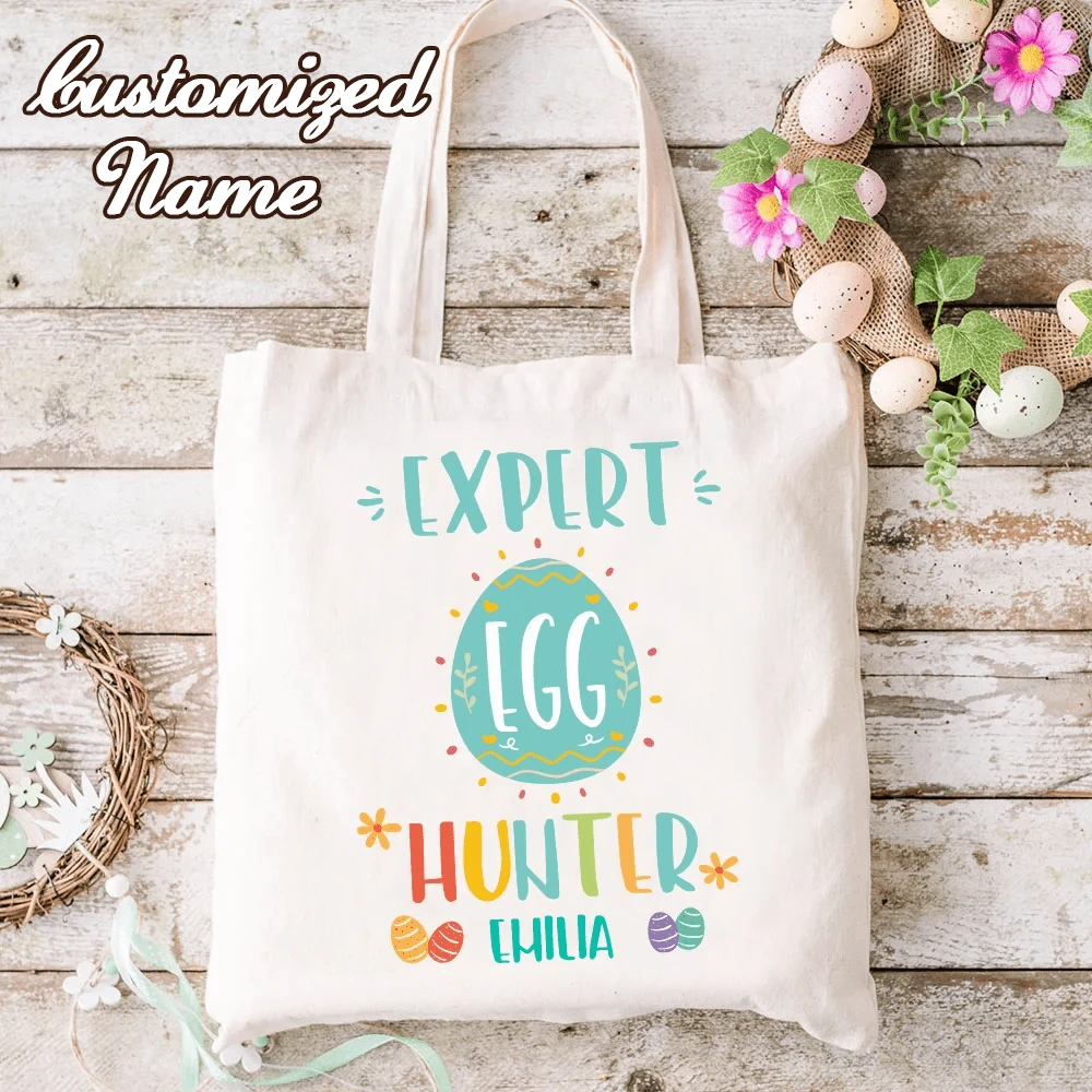 Personalized Easter Egg Hunter Canvas Tote Bag, Can Print Your Name, Perfect Easter Birthday Gift - Multicolor - View 1