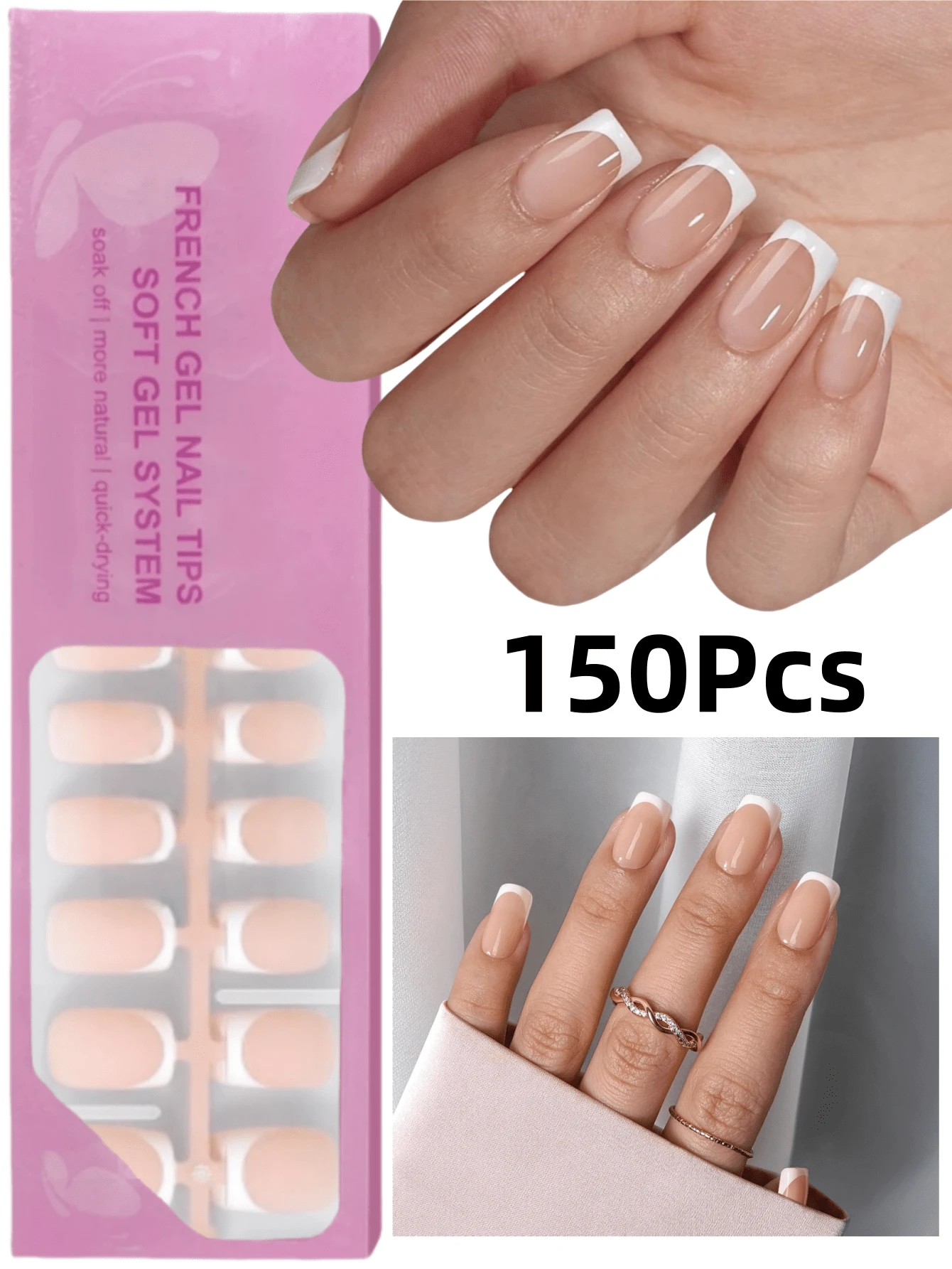 Bộ 150 miếng dán móng tay giả vuông ngắn, màu da, chất liệu gel mềm kiểu Pháp, thích hợp cho việc tự làm móng, tối giản và đa năng, 16 kích cỡ, dành cho phụ kiện làm móng nữ.