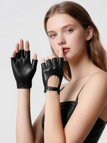 1 双嘻哈风格 PU 皮革露指手套，适合音乐节佩戴 - 黑色 - 查看 13