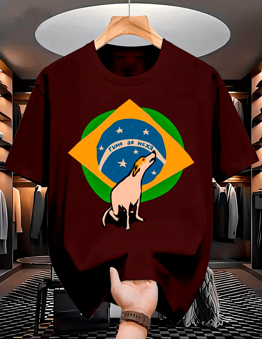 "Road To The Sixth Title" Brazil World Cup T-Shirt, Caramel Dog Design, Men's And Women's, 100% Cotton - Màu Tím - Xem 1