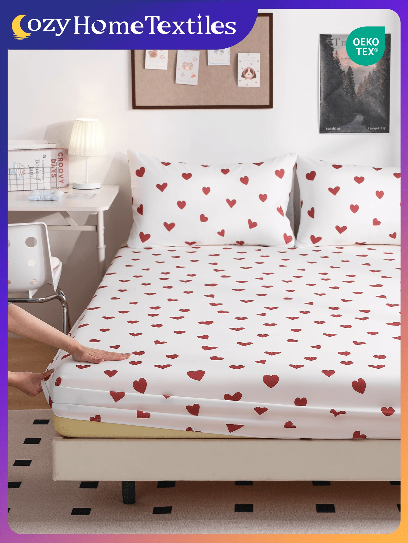 1件印花床笠（不含枕套），红色爱心印花，亲肤床垫罩，图案印花床垫保护套，舒适柔软，透气保暖，多种尺寸可选，适用于标准双人床/单人床/大号双人床/特大号双人床，可机洗，家居装饰，房间装饰，卧室装饰，通过Oeko-Tex认证 - 彩色 - 查看 1