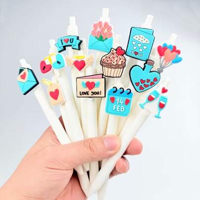 10 Pieces Of Light Blue Decorative Pens, Light Blue 14 FEB Theme Ballpoint Pens, Envelopes / Heart Decorations, LOVE YOU Three-Dimensional Decorative Pens, Fresh And Sweet Style. Romantic Gifts For Couples To Exchange As Creative Small Presents. Daily Record Items For Back-To-School And New Semester (Various Styles Are Available)