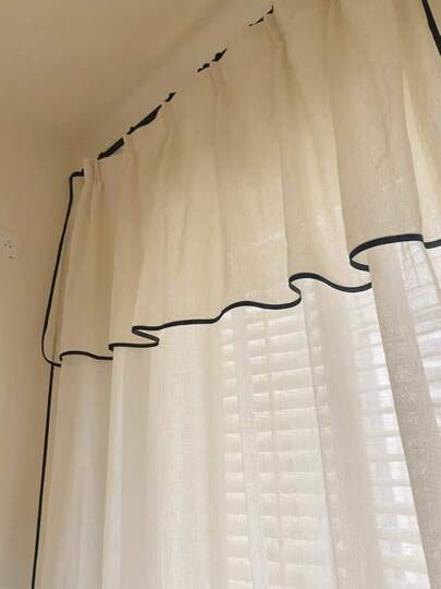 1 thanh treo rèm kiểu Nhật màu trắng bằng vải lanh kèm mành trang trí, rèm cửa voan mỏng màu kem viền đen cho phòng khách, thích hợp cho các dịp lễ và trang trí nhà cửa.