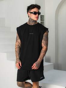 DMUNIZ Oversized Tank Top, Crew Neck, Streetwear, Printed Chest, 100% Cotton, New Release - 黑色 - 查看 5