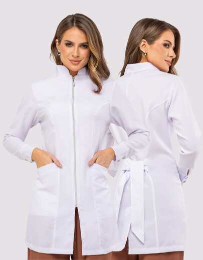 Jaleco Feminino Oxford Acinturado com Zíper Gola Padre Evi