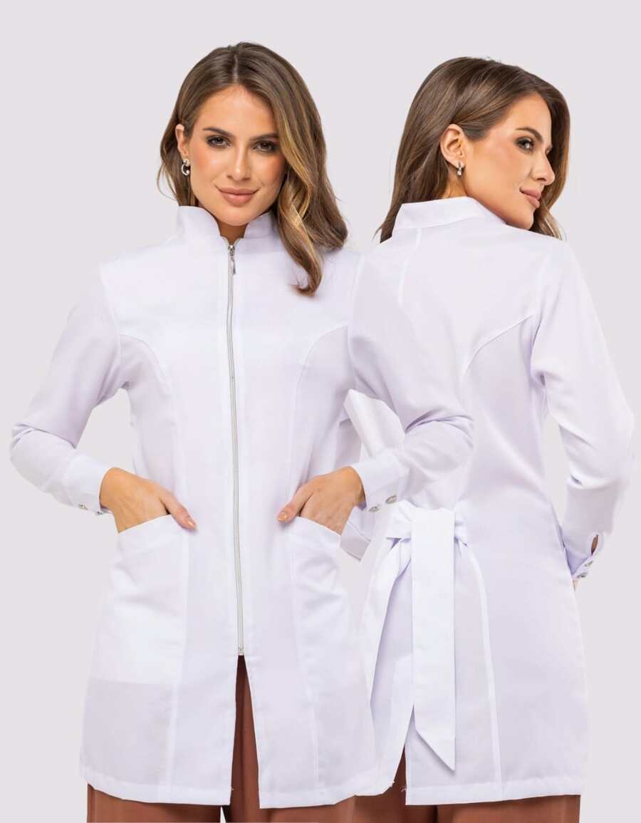 Women's Fitted Lab Coat With Zipper And Puff Sleeves Evi - 白色 - 查看 1