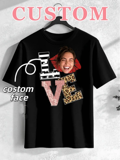 1pc Personalized Photo & Love Print Black Regular Fabric T-Shirt For Men, Suitable For Casual Daily Wear And Valentine's Day Celebration