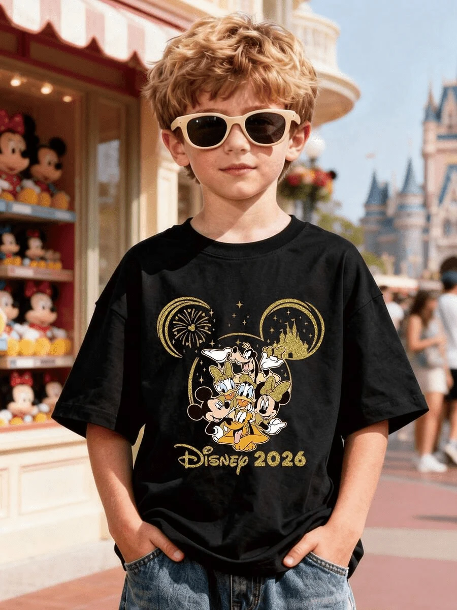 Disney Ears 2026 Mickey And Minnie Print, Summer Boys' Casual Pure Cotton Crew Neck Short Sleeves, Suitable For Daily Outings And Sports, Comfortable And Breathable, Stylish And Versatile, The Perfect Gift For Children. - màu đen - Xem 1