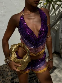 Women's Beach Sequin Halter Top Summer Sleeveless Contrast Tie Back Crop Vest Top Y2k Sparkly Glitter Cowl Neck Backless Cami Tank Top Club Party Vacation Streetwear - Nhiều màu - Xem 6