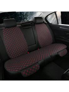 3pcs Car Seat Cushion Set, 4-Season Breathable Rear Bench Pad With Backrest, Linen Fabric With Square & Polka Dot Embroidery, Universal Fit - Multicolor - View 2