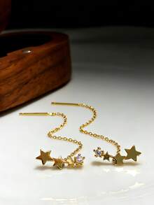 1 Pair S925 Sterling Silver Star Tassel Earrings, Inlaid Synthetic Zirconia, Elegant & Graceful For Women's Daily Wear, Quality Jewelry - Yellow Gold - View 5