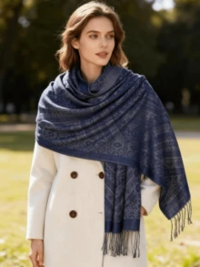 1件女士时尚保暖腰果图案印花围巾，经典佩斯利花纹头巾和披肩，可搭配长袍穿着。 - 藏蓝色 - 查看 3