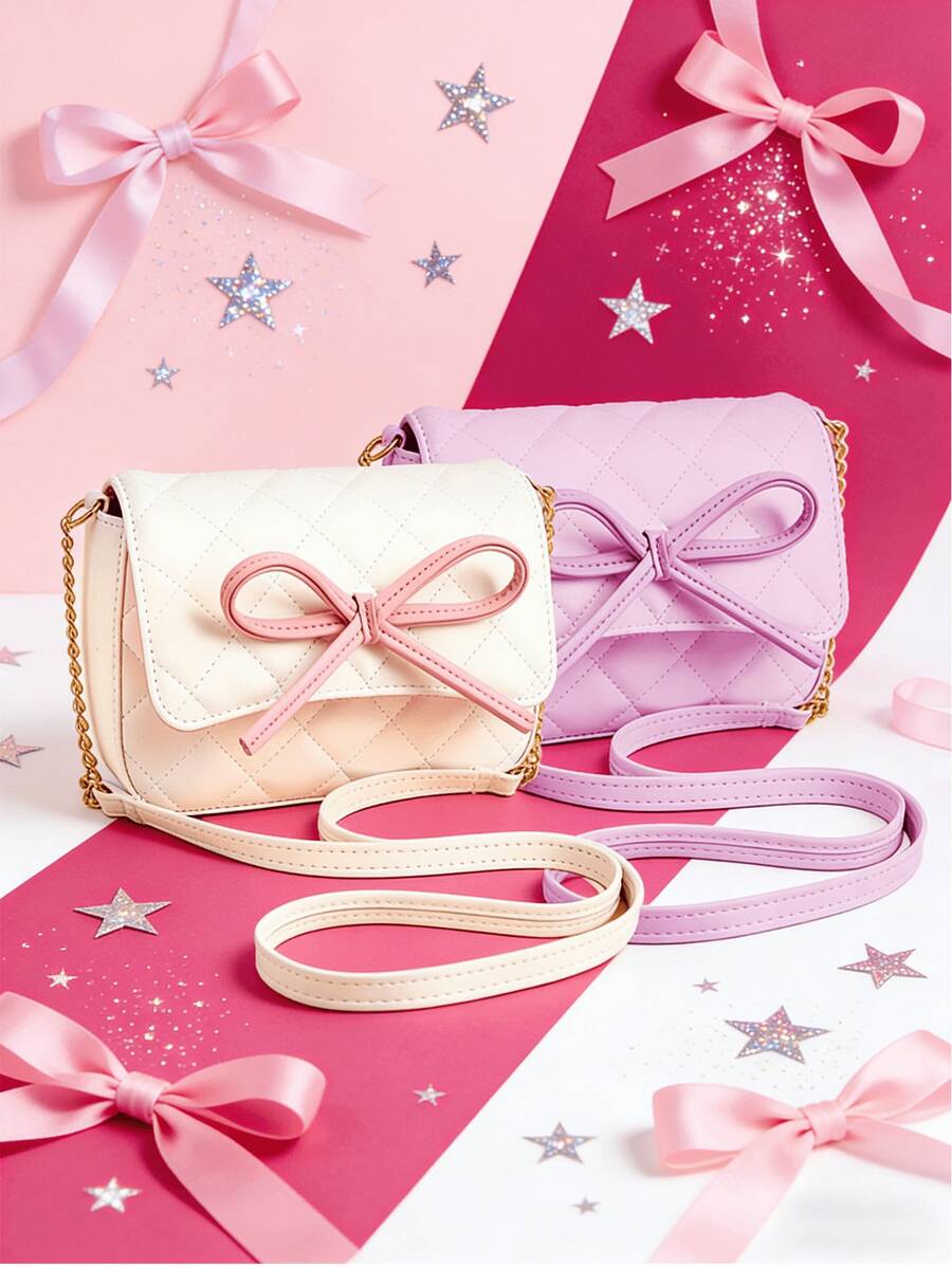 1pc Girls' Gentle Minimalist Bow Flap Small Square Bag, Versatile Crossbody Shoulder Bag, Niche Chain Strap Handbag For Commuting - Quilted Checkered - View 1